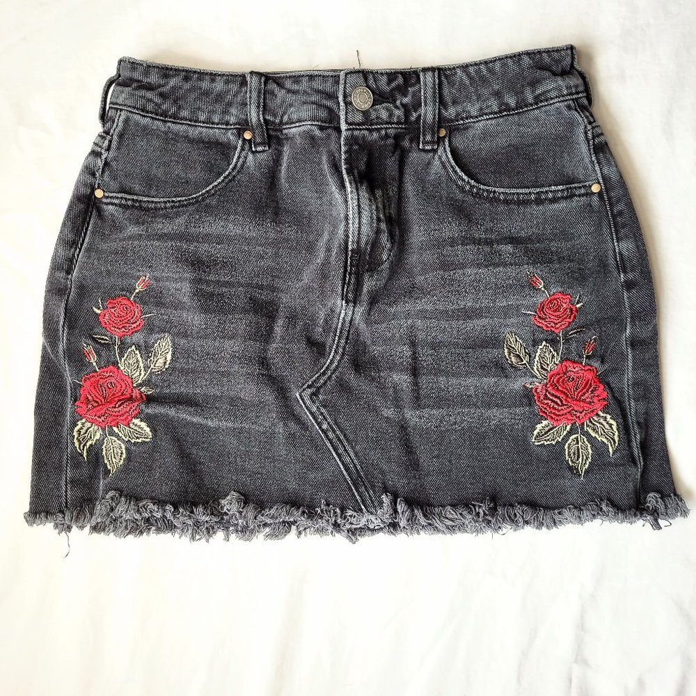 Pacsun Floral Embroidered Black Denim Mini Skirt